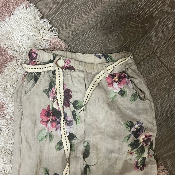 Floral Elastic Tie Waist Linen Trousers - Picture 3 of 7